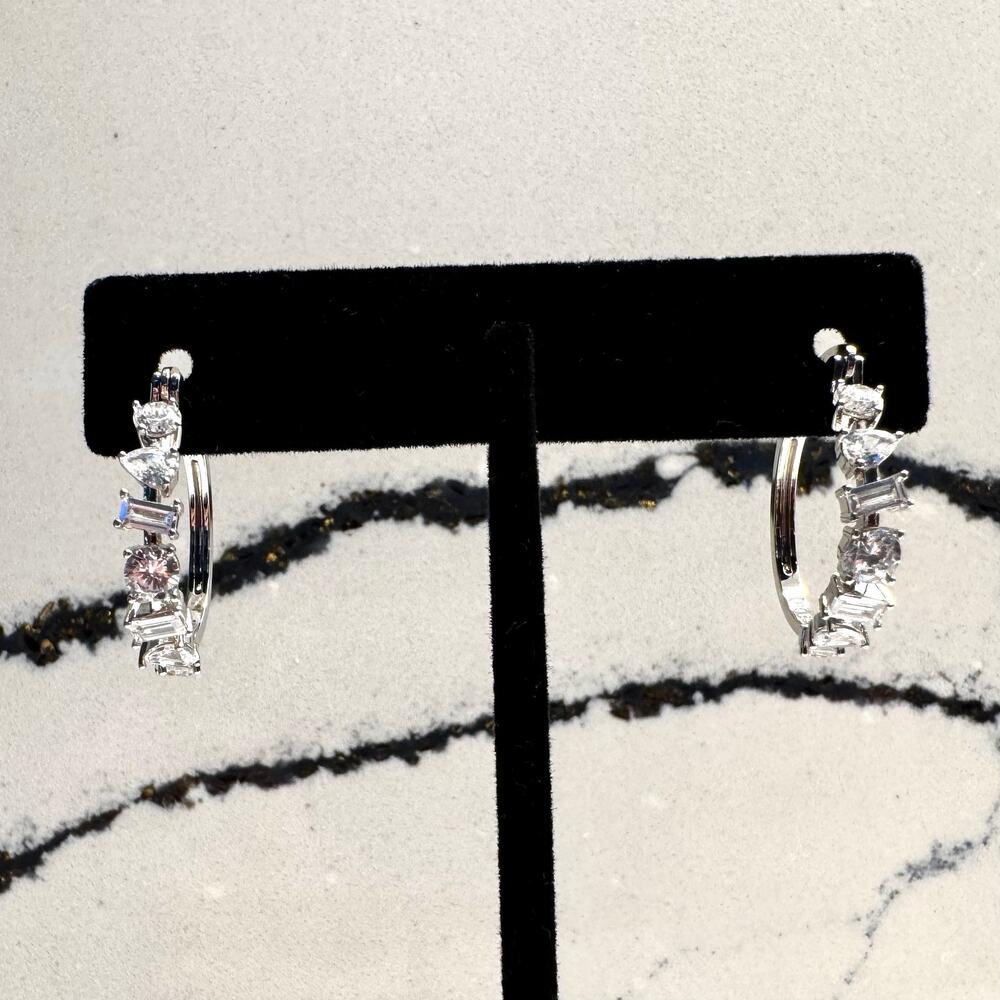 YGI Mixed Cut CZ Silver Tone Hoop Earrings